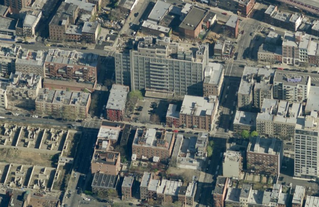 69 & 75 South 8th Streets (empty lots at center), Gretsch building to the north; image from Bing Maps