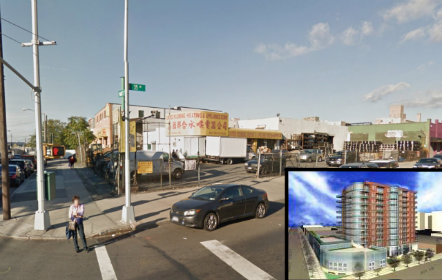 134-03 35th Avenue, main image from Google Maps, inset rendering via the Queens Chronicle