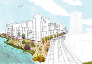 A rendering of the city's vision for Flushing West from the 7 train tracks. image via Department of City Planning
