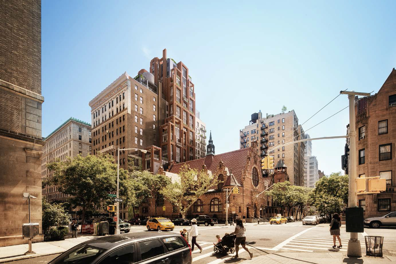 Rendering of the West End Collegiate Church, 378 West End Avenue, and the replacement for 260 West 78th Street. By COOKFOX.