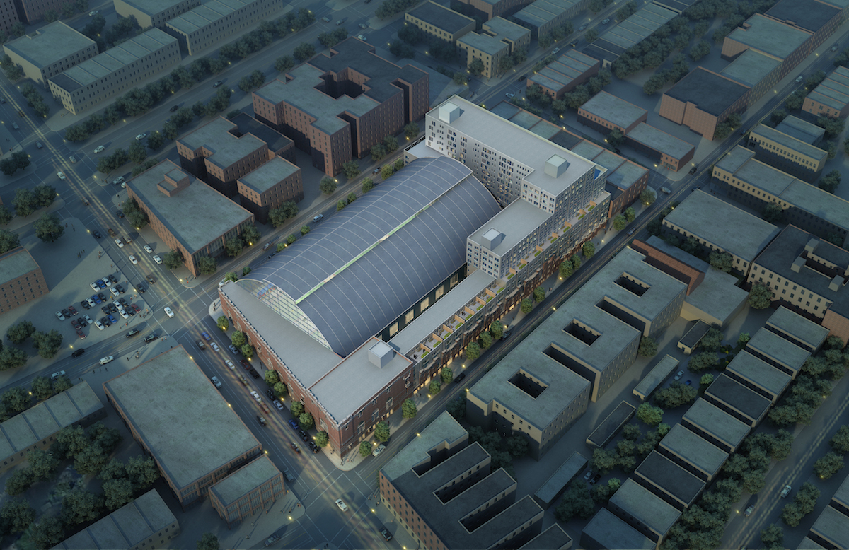 Aerial rendering of the Bedford Union Armory, rendering by Jonathan Marvel Architects