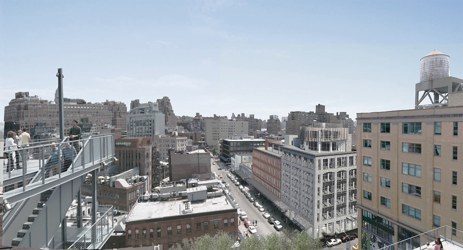 A rendering of the proposal for 46-74 Gansevoort Street as seen from the Whitney Museum of American Art. All renderings courtesy BKSK Architects.