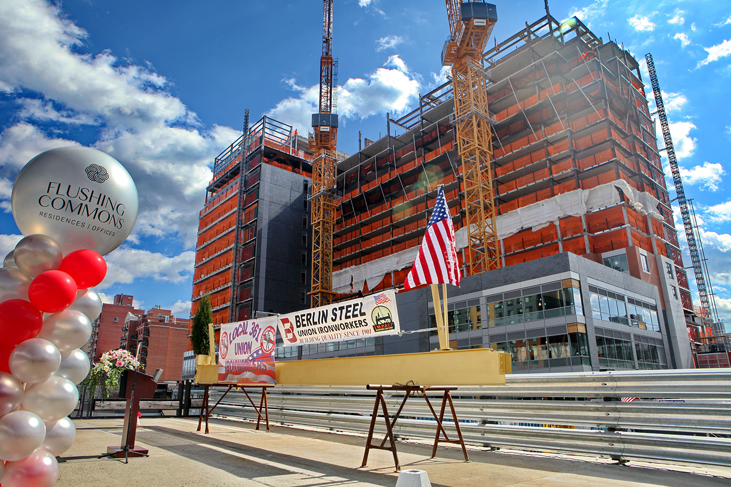 Topping out day at 138-35 39th Avenue and 38-18 Union Street at Flushing Commons. Credit: F&T Group