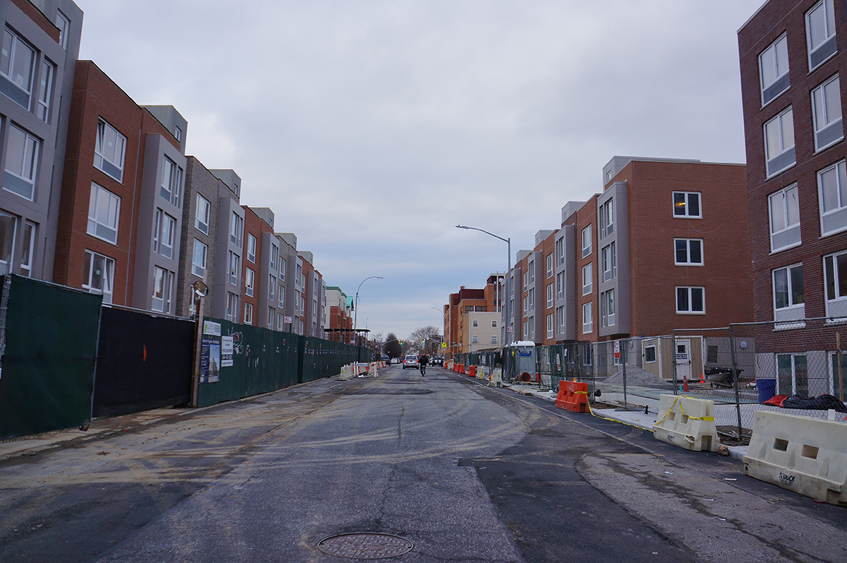 Phases 1 and 2 of the Prospect Plaza affordable housing development take shape in Ocean Hill, Brooklyn.