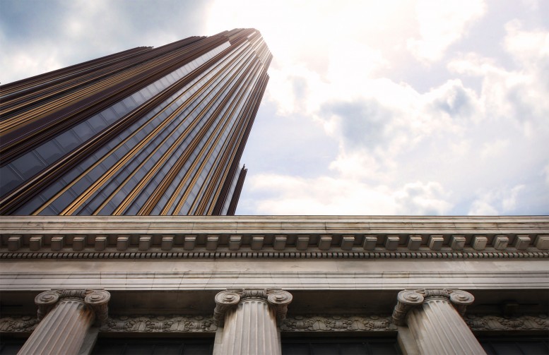 Rendering of 340 Flatbush Avenue Extension with the Dime Savings Bank at 9 DeKalb Avenue. Credit: SHoP