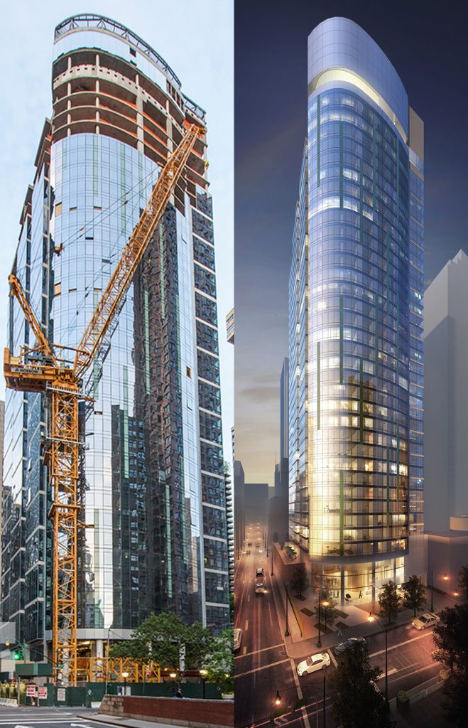 222 East 40th Street. Photo at left by Tectonic via the YIMBY Forums. Rendering at right via Fisher Brothers.