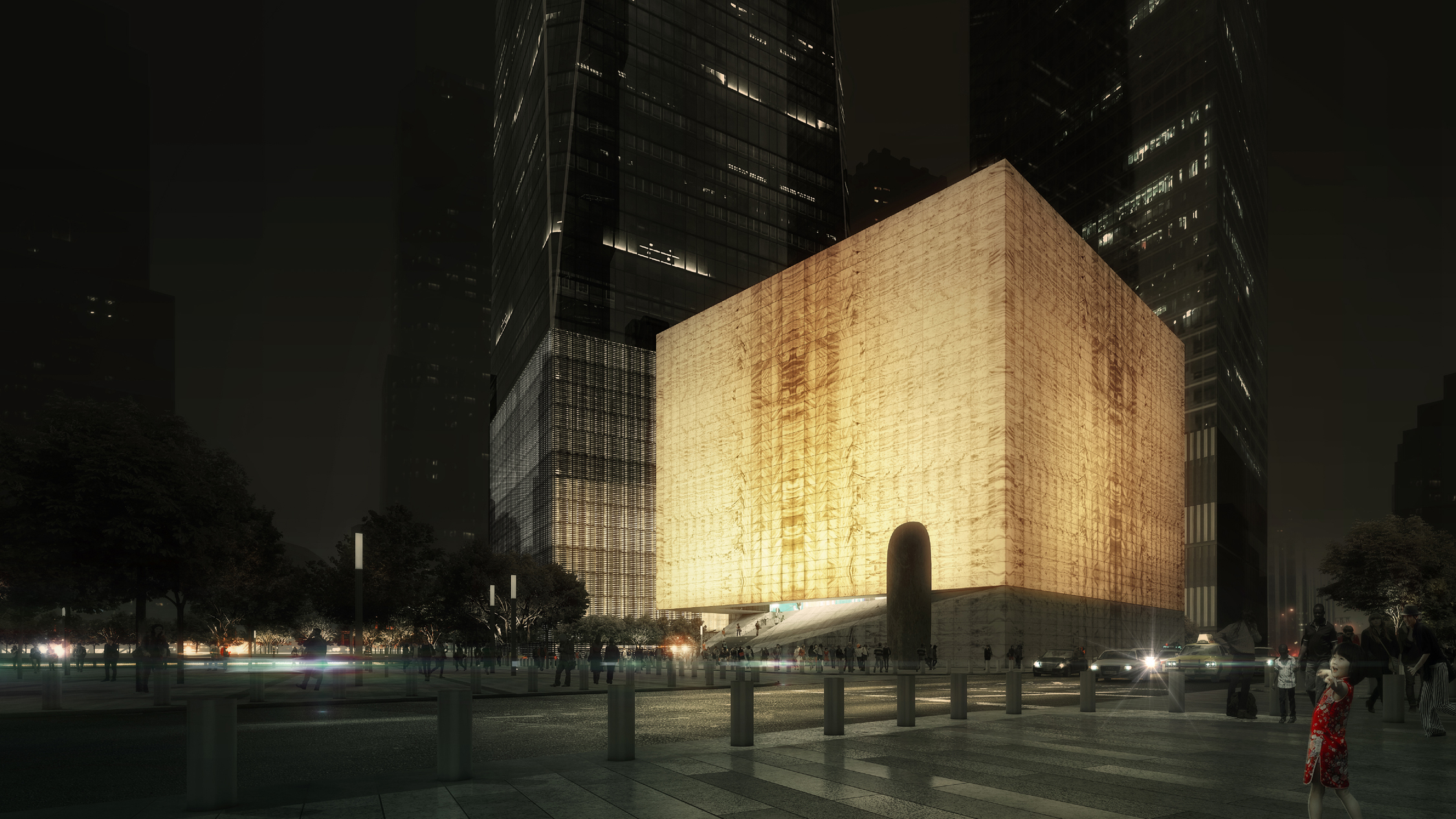 Night rendering of the Ronald O. Perelman Performing Arts Center at the World Trade Center, seen from the southeast. Rendering by REX