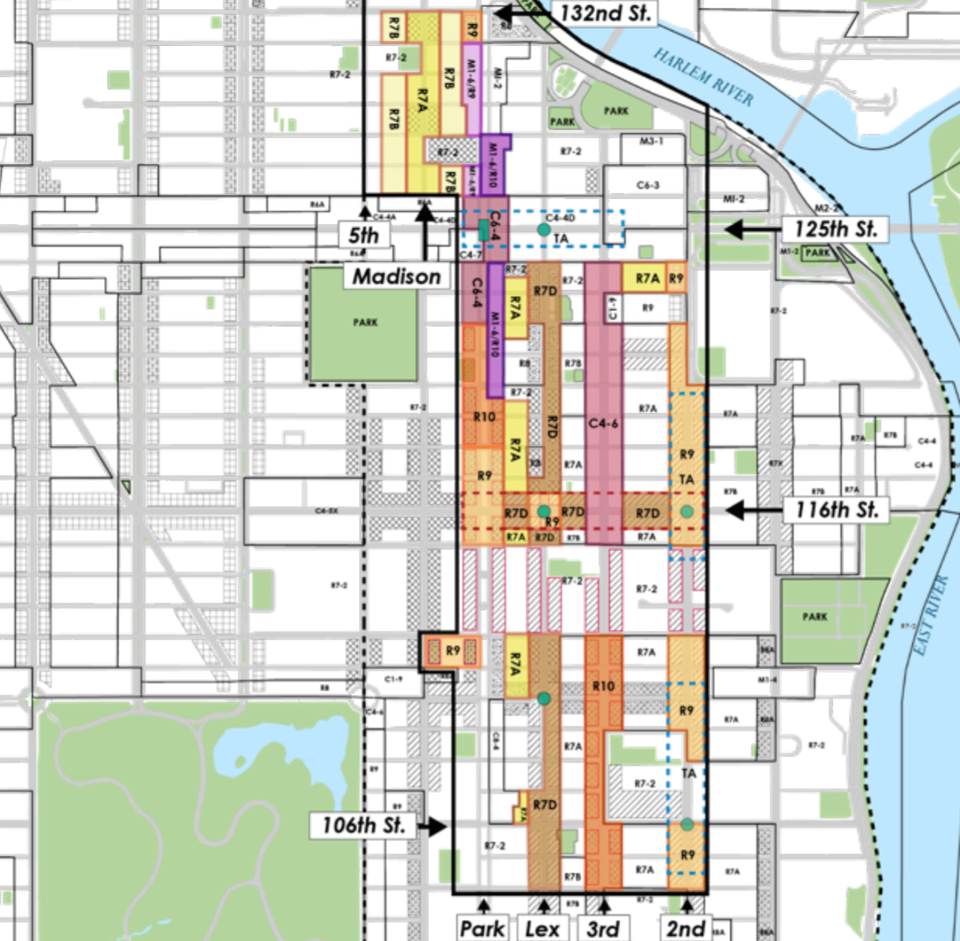 Proposed zoning for East Harlem, map via DCP