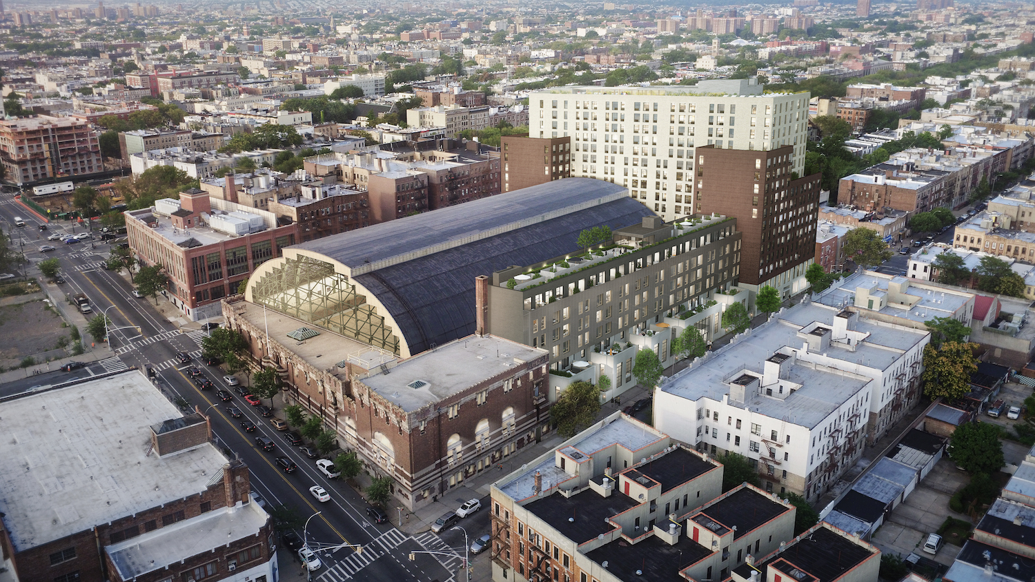 An overhead rendering of the plans to redevelop the Bedford Union Armory, courtesy BFC Partners