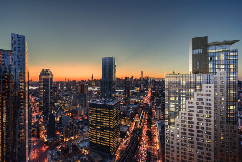 New rendering of 29-22 Northern Boulevard seen on the left, showing the East River and Manhattan skyline