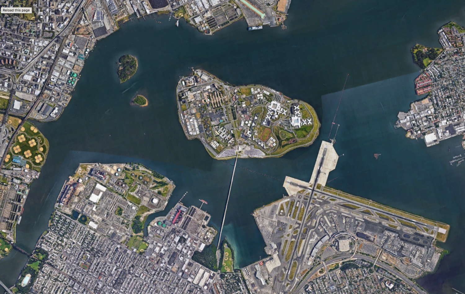 Birdseye view of Rikers Island, via Google Maps