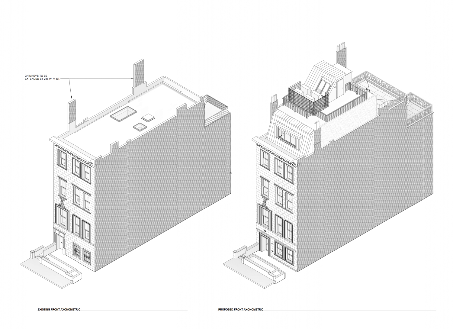 250 West 71st Street elevation of existing street-facing facade (left) and proposed facade (right), image courtesy MAD