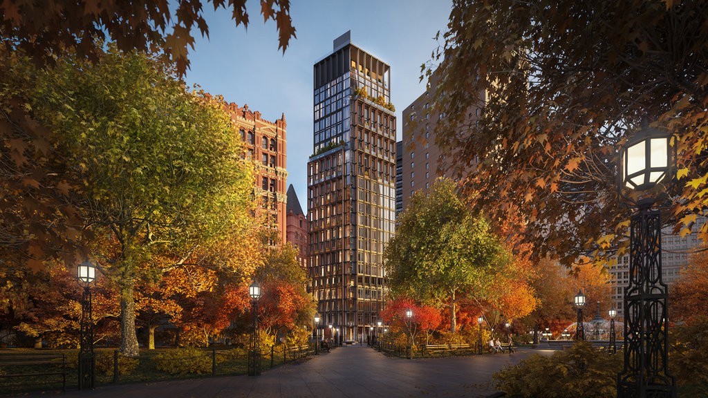 1 Beekman Street seen from City Hall Park at sunset, render by Noë & Associates with The Boundary