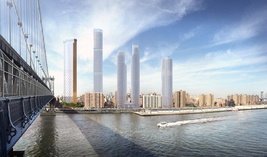 Rendering shows Two Bridges waterfront with several proposed large-scale buildings. Credit: SHoP Architects.