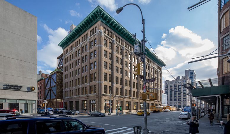 Rendering illustrates 260 Eleventh Avenue from the corner of 27th Street and 11th Avenue - Rogers Stirk Harbours + Partners