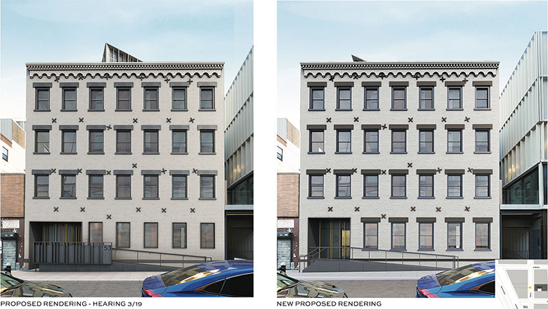 Originally proposed (left) and updated renderings (right) of 53 Pearl Street