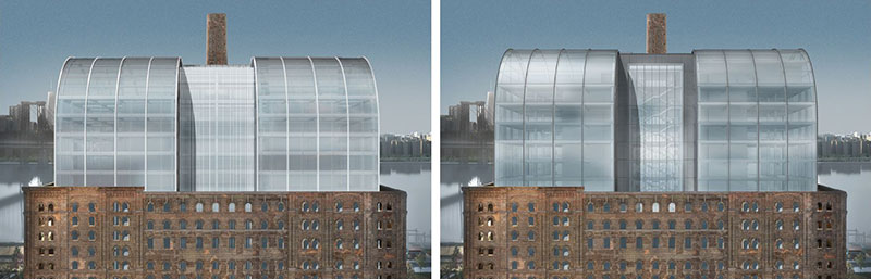 Previously approved (left) and newly proposed (right) renderings of the domed roof at the Domino Sugar Refinery - PAU