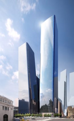 Renderings illustrate Two Manhattan West (left) and One Manhattan West (right)