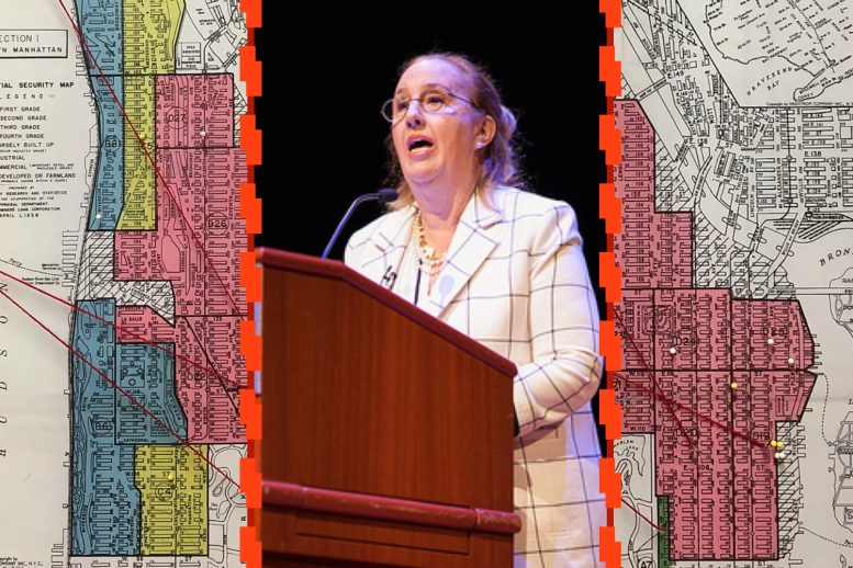 Gale Brewer, image from Manhattan Borough President's Office, and redlining map of Harlem