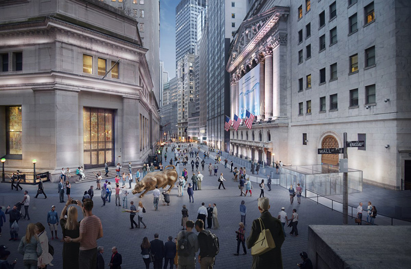 Rendering of the reimagined Stock Exchange District - WXY Architecture / Downtown Alliance