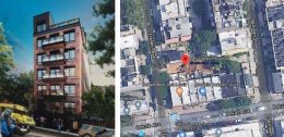 Rendering of 245 Franklin Avenue (Charles Mallea Architect) and aerial view of construction site (Google Maps)