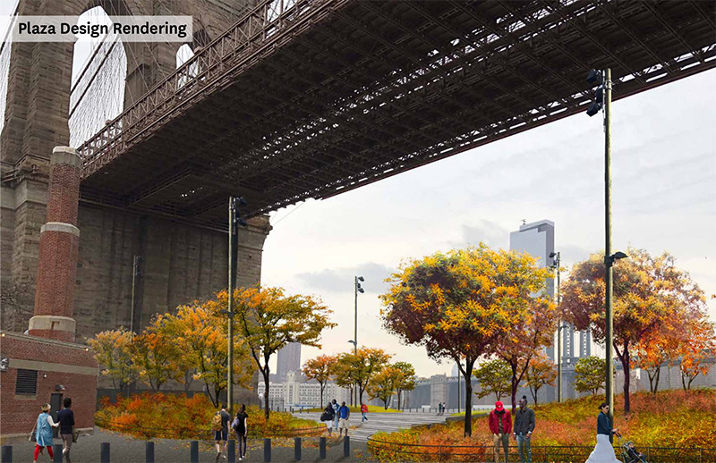 Rendering of proposed public spaces under the Brooklyn Bridge - Brooklyn Bridge Park Corporation