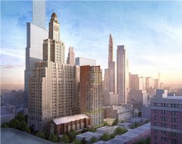 Rendering of project site with a view of 130 Saint Felix Street (center) and surrounding structures - FXCollaborative