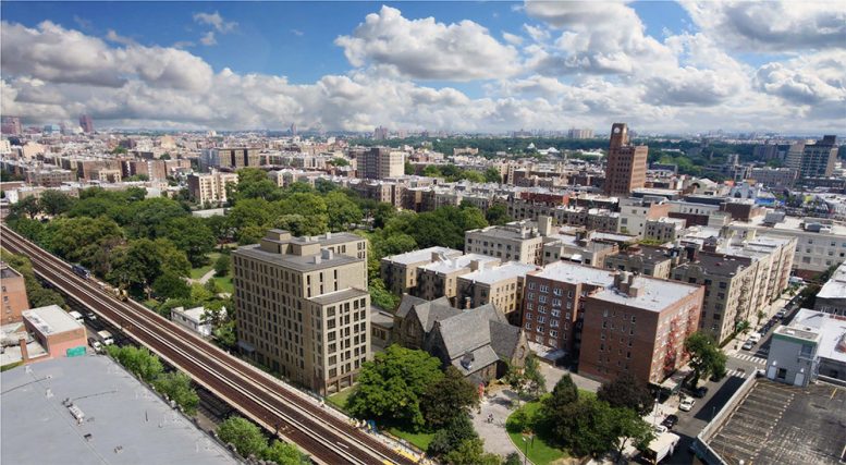 Aerial rendering illustrates proposed redevelopment of the Episcopal St. James Church grounds (former renderings circa October 2020) - Dattner Architects