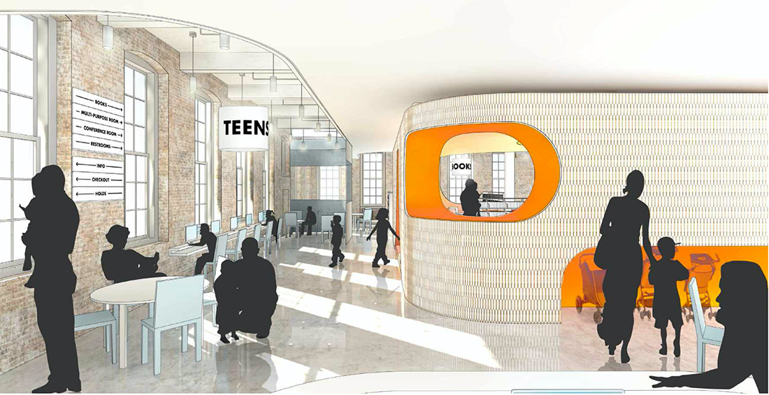 Rendering illustrates interior view of the new Adams Street Library - Workac
