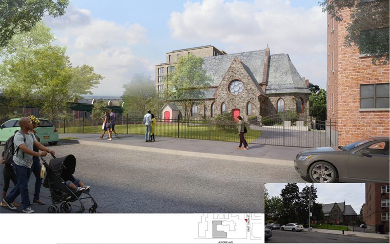Rendering illustrates the East 190th Street Elevation of the Episcopal St. James Church and proposed residential building - Dattner Architects