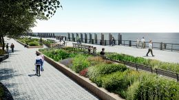 Rendering of public areas created by the Lower Manhattan Coastal Resiliency Project in The Battery - Stantec