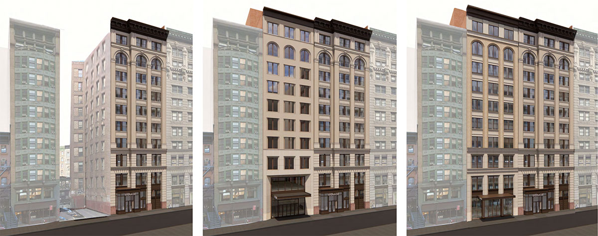 Full 17th Street elevation of the existing (left), previously proposed (center), and currently prosed (right) property at 122 Fifth Ave - The Bromley Companies; Studios Architecture