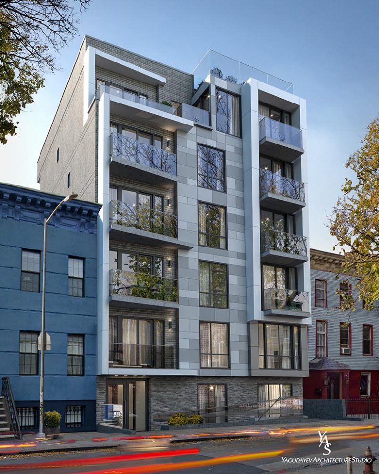Rendering illustrates the front elevation of 107 Schaefer Street - Yagudayev Architecture