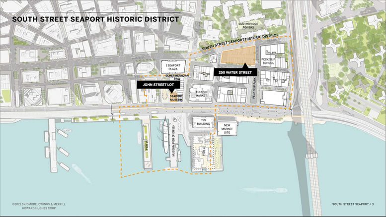 Site map of planned development at 250 Water Street and the new South Street Seaport Museum - Howard Hughes Corporation; Skidmore, Owings & Merrill (SOM)