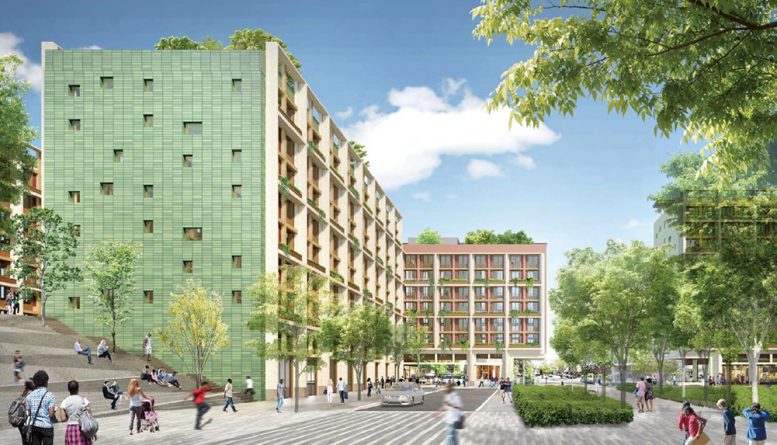 Rendering of residnetial buildings and public spaces at the expanded Kingsboro Psychiatric Campus - Courtesy of Adjaye Associates