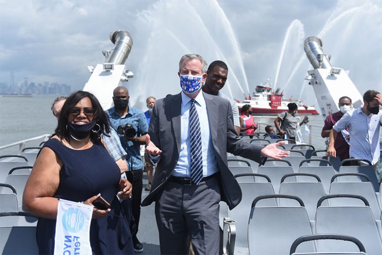Mayor Bill de Blasio rides the NYC Ferry along the expanded St. George Terminal line