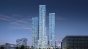 Evening rendering of all three towers at Journal Squared - Courtesy of Qualls Benson