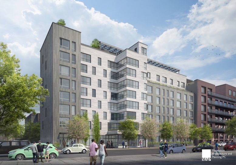 Street view of Rheingold Senior Residences - Renderings by Nightnurse Images courtesy of Magnusson Architecture and Planning