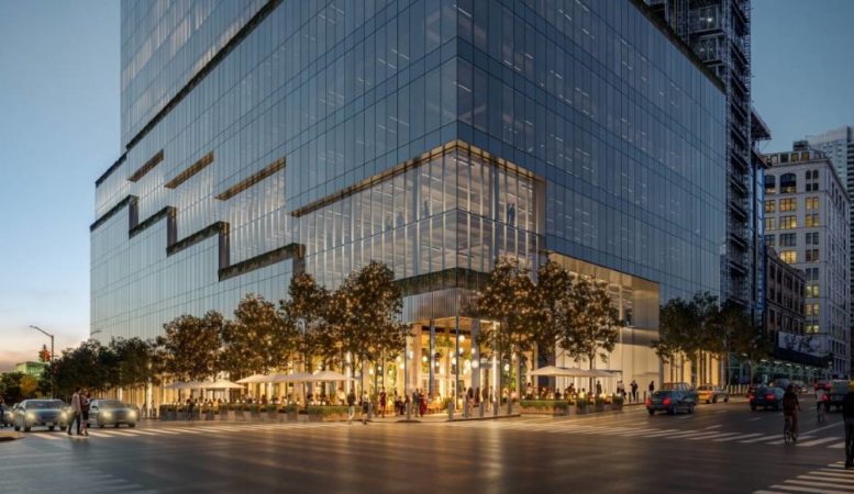 Evening rendering of The Spiral's ground floor and podium levels - Courtesy of Tishman Speyer