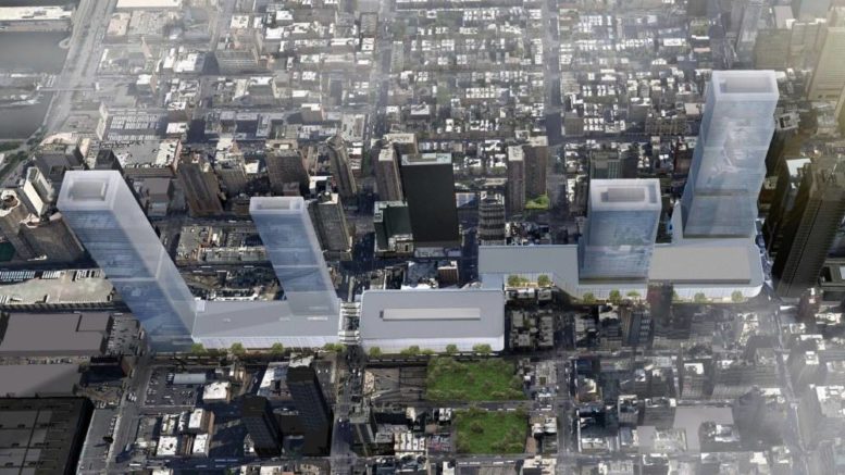 Site plan and renderings of the new Midtown Bus Terminal and proposed mixed-use towers - Courtesy of Foster + Partners