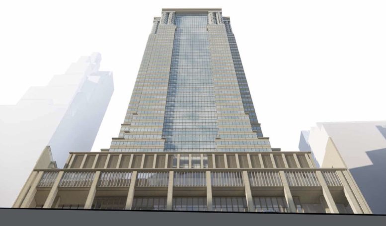 Street-level renderings of proposed changes to 60 Wall Street's front elevation; Submitted to the LPC September 2022