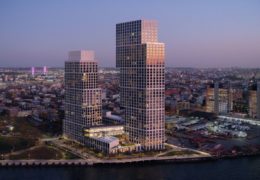 Evening aerial view of Eagle + West at Greenpoint Landing - Photography by Ⓒ Jason O'Rear; Courtesy of OMA