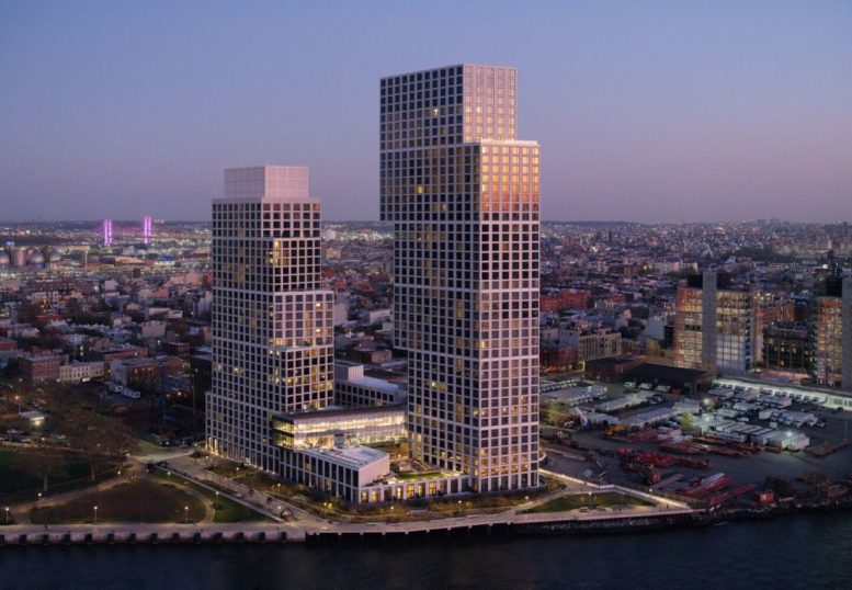 Evening aerial view of Eagle + West at Greenpoint Landing - Photography by Ⓒ Jason O'Rear; Courtesy of OMA