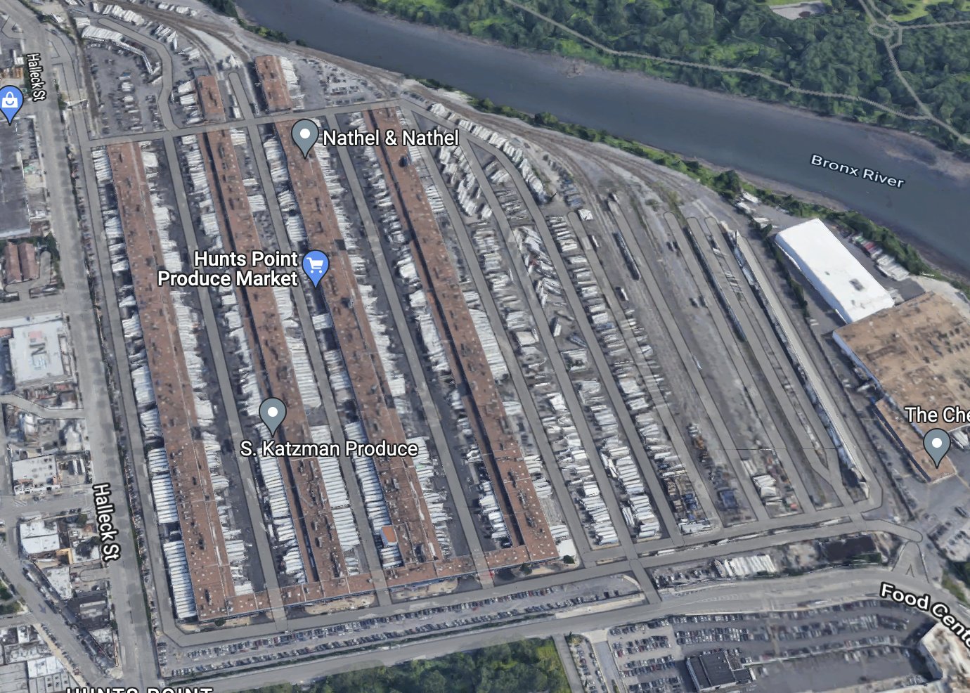 Aerial view of the Hunts Point Terminal Market (via Google Maps)