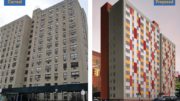 Existing facade conditions (left) and rendering of a new facade at NYCHA's Thurgood Marshall Plaza