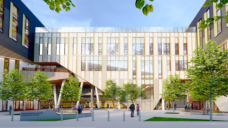 Rendering of the Canal Crossing Charter Public School Campus central plaza and commons building - KSS Architects