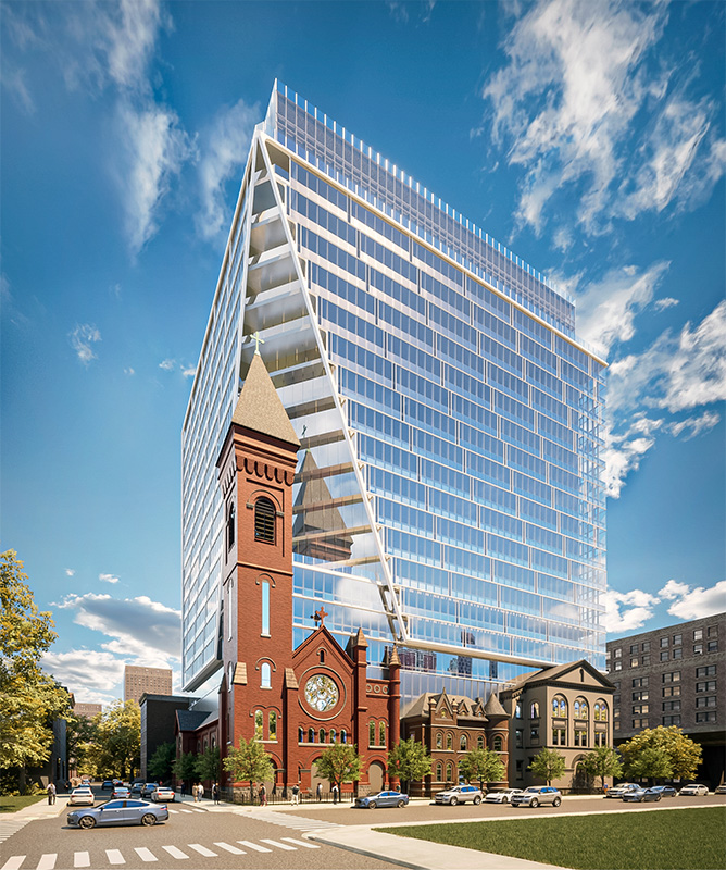 Rendering of the new mixed-use development at 619 Grove Street and the historic St. Lucy's Church below
