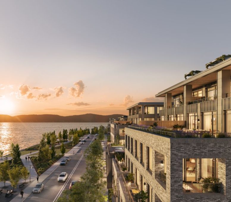 Evening rendering of The Daymark's facade and Hudson Riverfront
