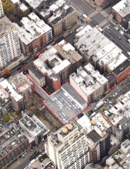 Aerial view of the development assemblage at 354 and 360 West 52nd Street in Hell's Kitchen, Manhattan