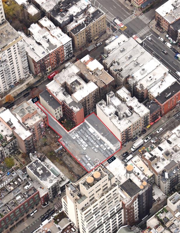 Aerial view of the development assemblage at 354 and 360 West 52nd Street in Hell's Kitchen, Manhattan